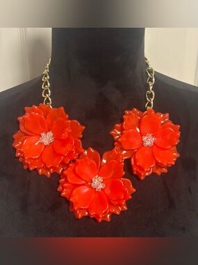 Red Chunky Flower Statement Acrylic Necklace